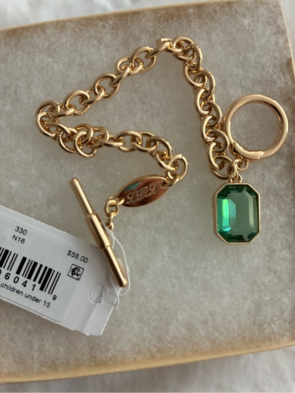 Ralph Lauren Lauren Gold Chain Bracelet with Emerald Green Crystal Charm - Picture 3 of 8